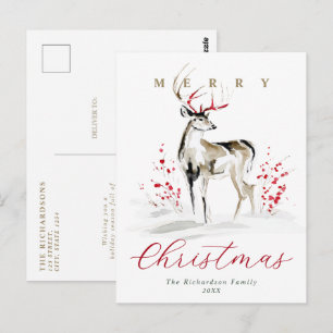 Postal Navidad Ciervo Acuarela Rústica & Bayas Rojas