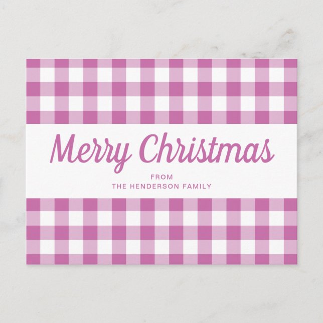 Postal Navidad con guión de cuadros rosa moderno (Anverso)