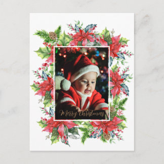 Postal Navidad con verde acuarela y poinsettia