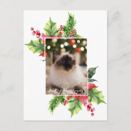 Postal Navidad con verde y poinsettia en acuarela