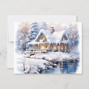 Postal Navidad Cottagecore Invierno Cottage Acuarela