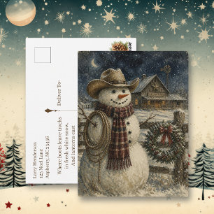 Postal Navidad Country y Western Muñeco de nieve vaquer