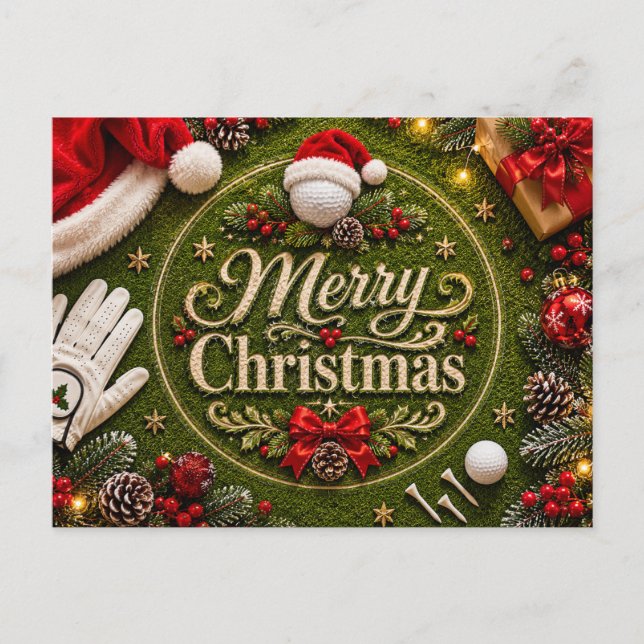 Postal Navidad de golf con temática de césped verde (Anverso)