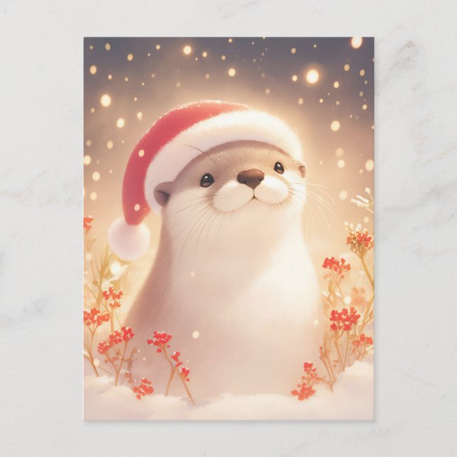 Postal Navidad de nutria con acuarela alegre (Anverso)