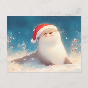 Postal Navidad de nutria con acuarela alegre