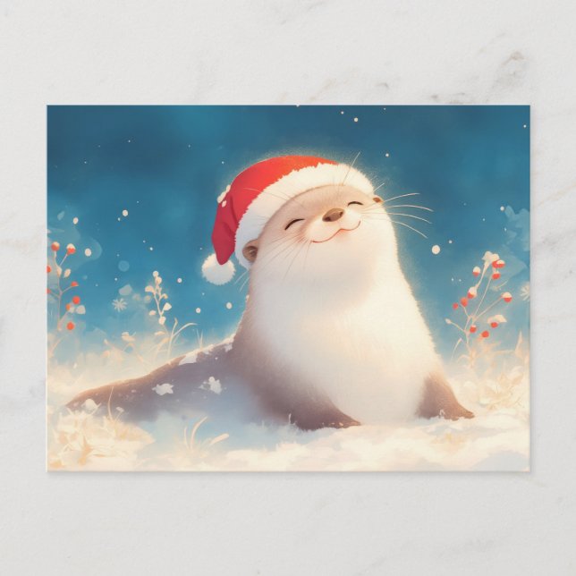 Postal Navidad de nutria con acuarela alegre (Anverso)