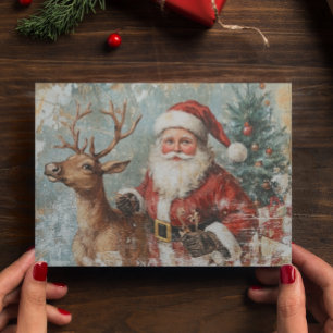 Postal Navidad Decoupage Vintage Reno Ciervo Santa