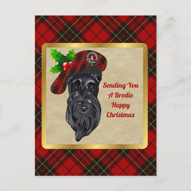 Postal Navidad del Clan Brodie: Insignia y Tartán (Anverso)
