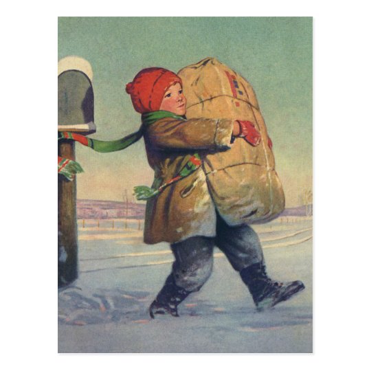 Postal Navidad del vintage, niño con el paquete grande