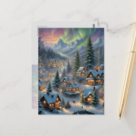 Postal Navidad en un pueblo de montaña, luces polares