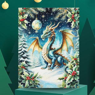 Postal Navidad Mágica del Dragón con Acebo