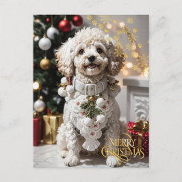 Postal Navidad. Mascota en casa. Cachorro adorable. 