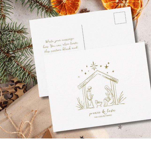Postal Navidad moderna Natividad paz amor religioso  (modern elegant gold peace love Christmas Nativity holiday personalized custom postcard )