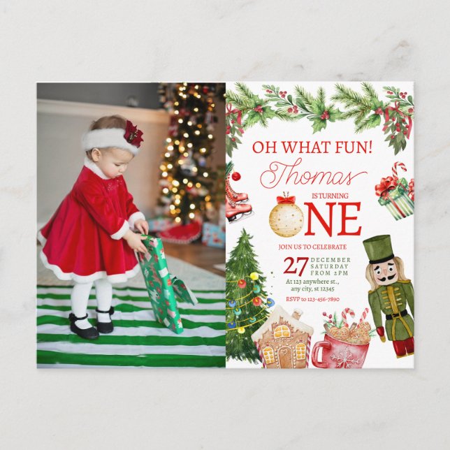 Postal Navidad Oh Qué Diversión Primer Cumpleaños (Anverso)