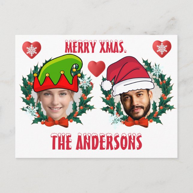 Postal Navidad personalizada corte la cara de Elf y Santa (Anverso)
