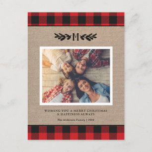Postal Navidad Rústica Cuadros Monograma Foto Fiesta 