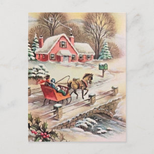 Postal Navidad Vintage Caballo y Carruaje Puente Nieve