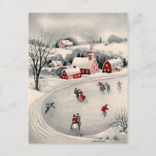 Postal Navidad vintage, patinadores de hielo victorianos 