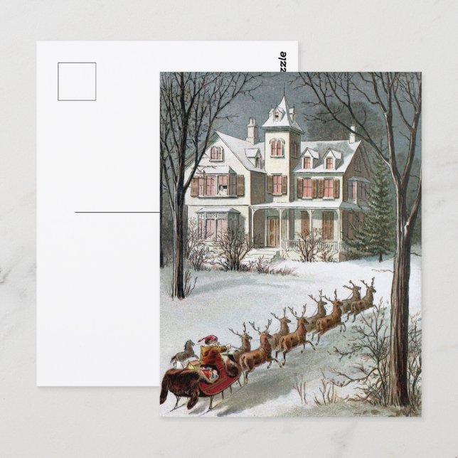 Postal Navidad Vintage, San Nicolás con Reno (Anverso / Reverso)