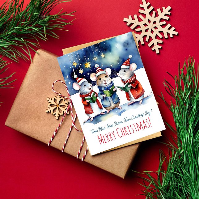 Postal Navidades acarician ratones cantando acuarela lind (Mice singing Christmas carols starry night watercolor Merry Christmas greetings postcard)
