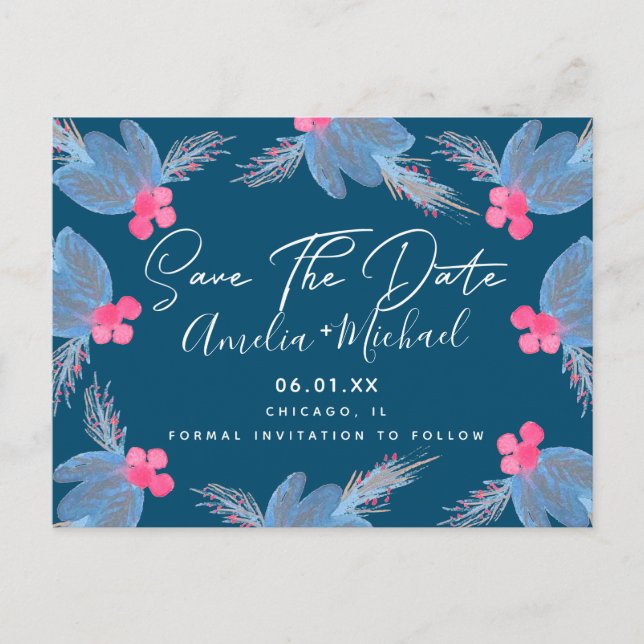 Postal Navidades acuarela Berry Blue Save the Date (Anverso)