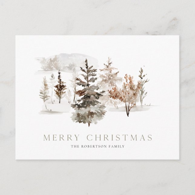 Postal Navidades acuarela con paisaje invernal (Anverso)