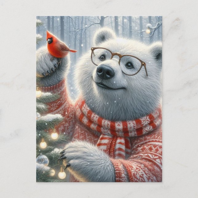 Postal Navidades adorables oso polar y árbol cardinal (Anverso)
