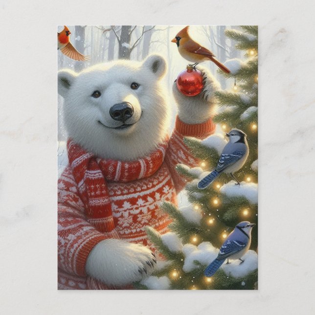 Postal Navidades Adorables Oso Polar y Aves (Anverso)