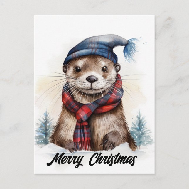 Postal Navidades Adorables Otter Gorra Azul Carne Roja (Anverso)