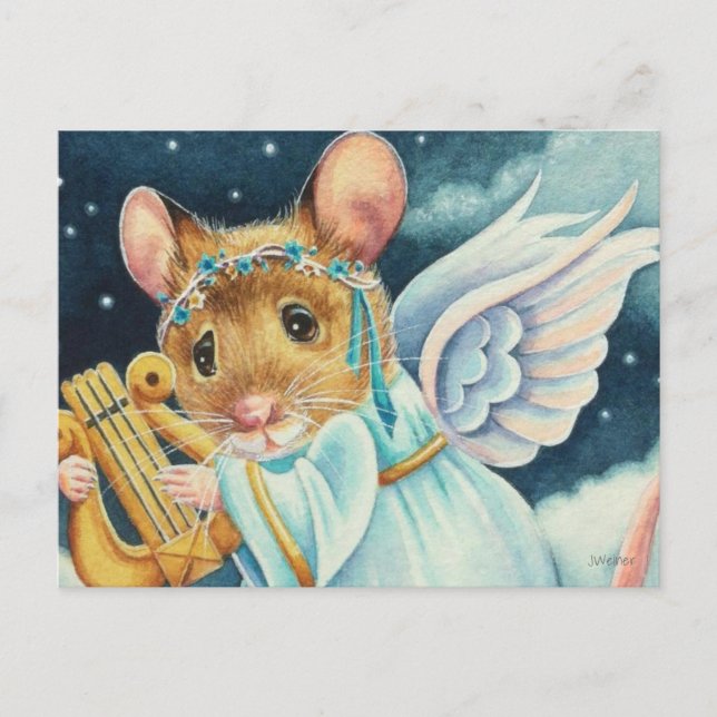 Postal Navidades Angel Mouse jugando arte acuarela de Lyr (Anverso)