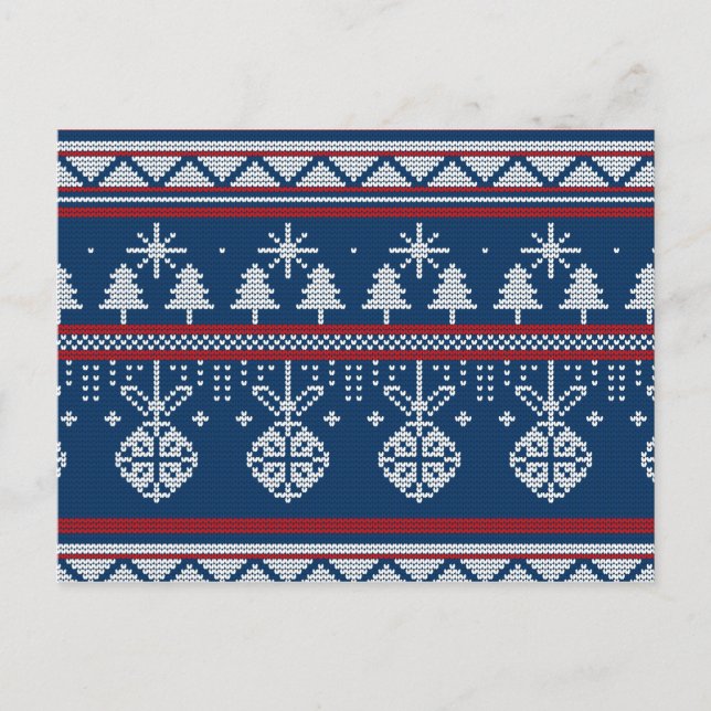 Postal Navidades azules de punto de pino y adornos (Anverso)