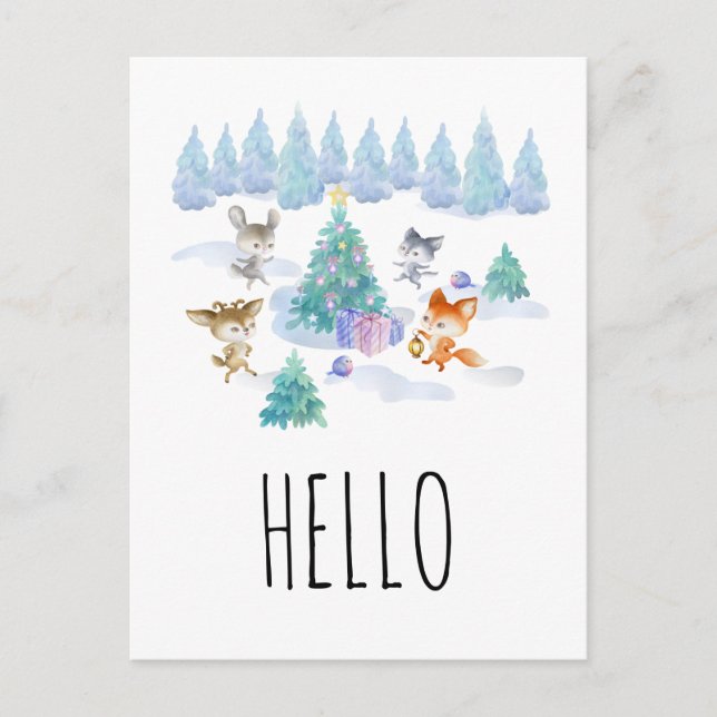 Postal Navidades bailarines Bosques Animales acuarela Hol (Anverso)