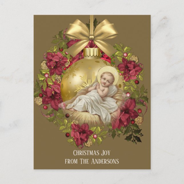 Postal Navidades Bebé Jesús en el ornamento floral de Man (Anverso)