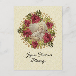 Postal Navidades Bebé Jesús en Manger Floral Pointsettia