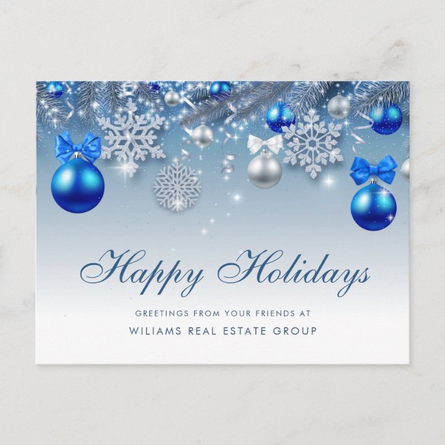 Postal Navidades Blue Sparkle Balls Saludo Corporativo (Anverso)