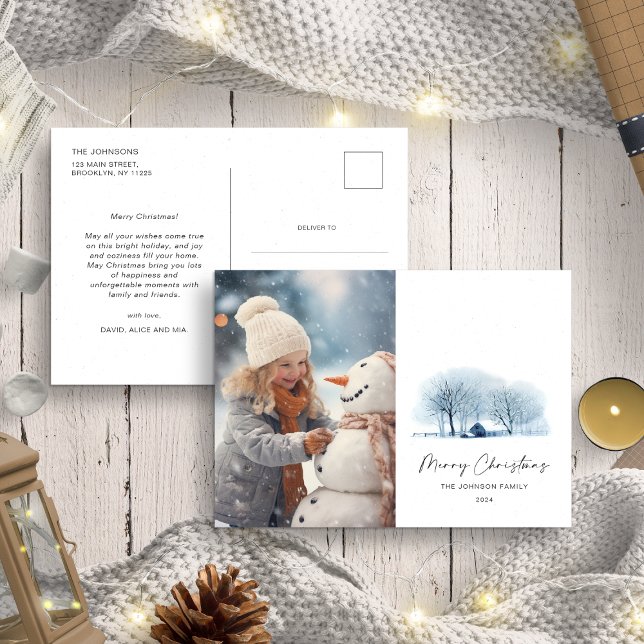 Postal Navidades Blue Winter Village Rustic Landsca Photo (Subido por el creador)