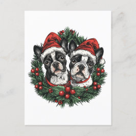 Postal Navidades Boston Terrier Dogs Holiday Wreath