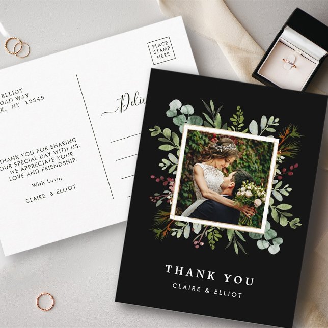 Postal Navidades botánicos Boda Black Gracias Foto (Front & Back)
