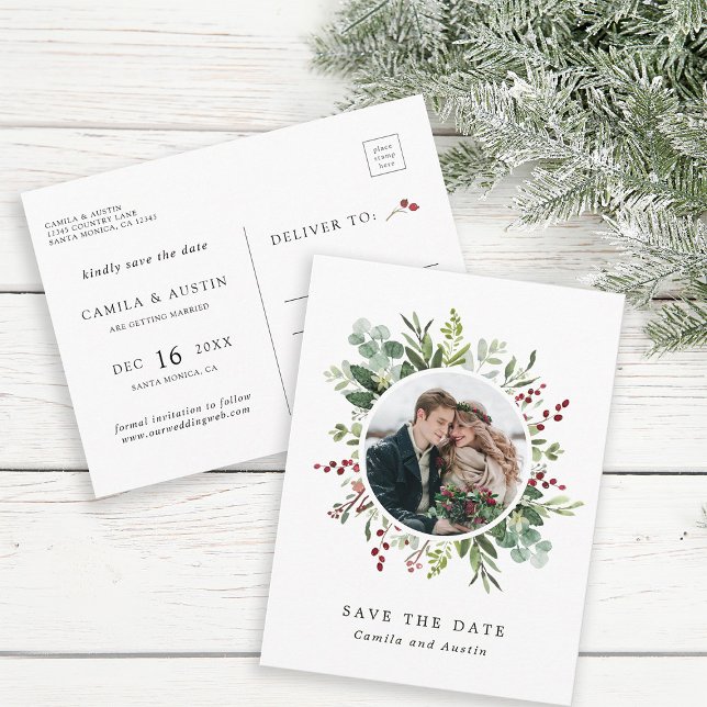 Postal Navidades botánicos Boda Foto Guardar la fecha (Front & Back)