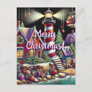 Postal Navidades caprichosos faro morado rosado rojo