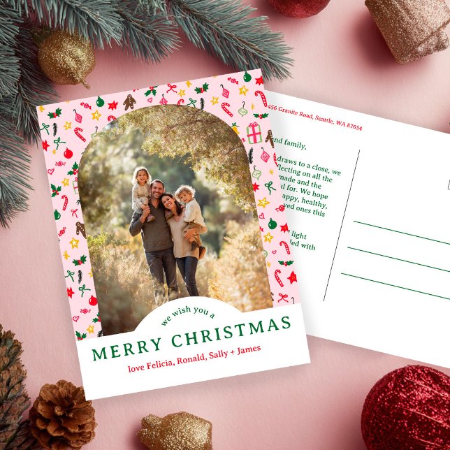 Postal Navidades caprichosos: PERSONALIZADO de dibujos an (Whimsical CHRISTMAS Doodles CUSTOM Arch PHOTO Holiday Pink Postcard
)