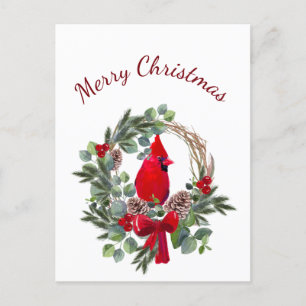 Postal Navidades Cardenal Red Bird Watercolor Naturaleza