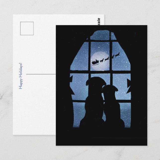 Postal Navidades celebran perros adorables en la ventana (Anverso / Reverso)