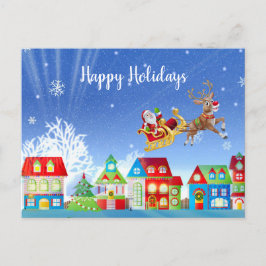 Postal Navidades Coloridas Casas Golden Santa Sleigh