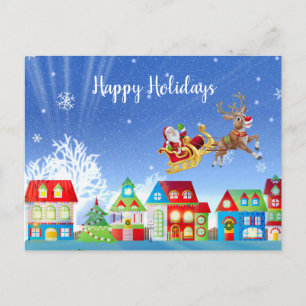 Postal Navidades Coloridas Casas Golden Santa Sleigh