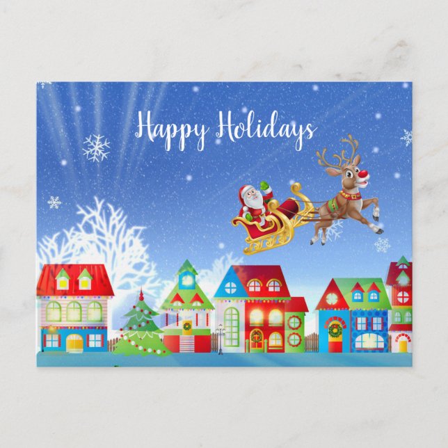 Postal Navidades Coloridas Casas Golden Santa Sleigh (Anverso)