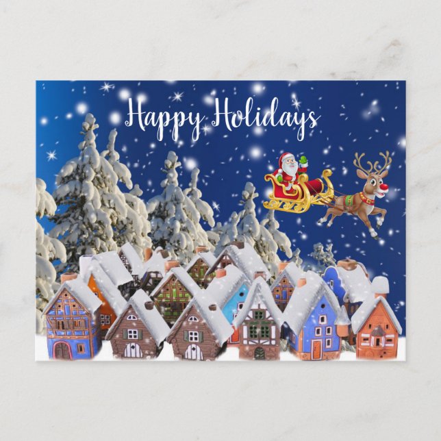 Postal Navidades Coloridas Vacaciones Golden Santa Sleigh (Anverso)