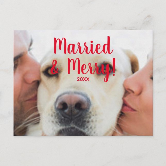 Postal Navidades con foto de personalizados rojos casados (Anverso)