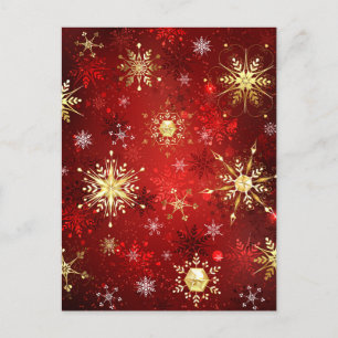 Postal Navidades Copos de nieve dorados con fondo rojo