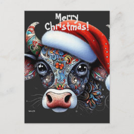 Postal Navidades Cow Bull con Santa Hat Arte Popular Mexi